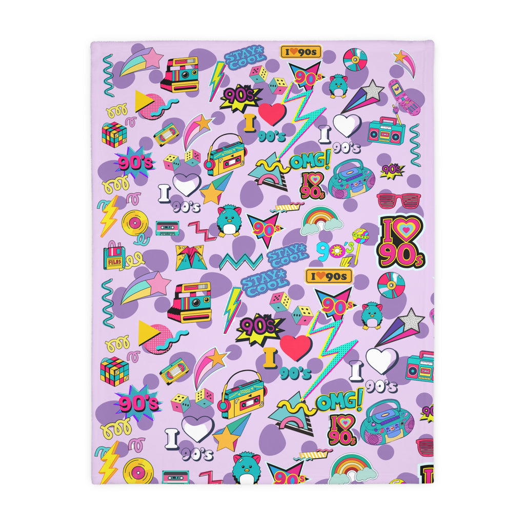 90s Retro Icons blanket Velveteen Microfiber Throw | Pastel Cassette & Lightning Pattern