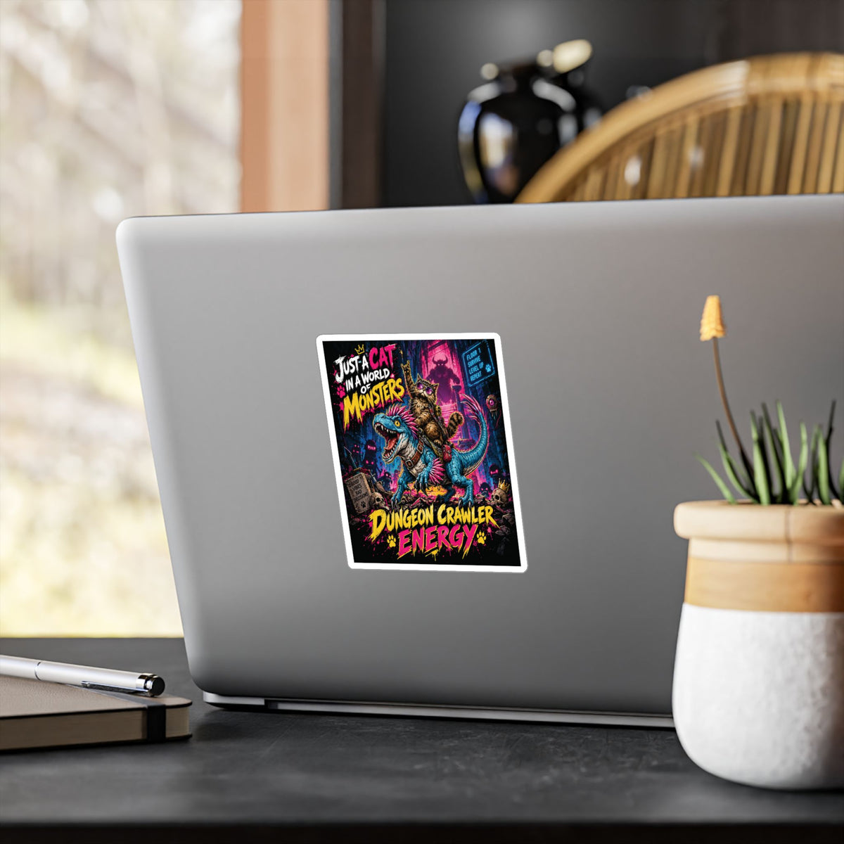 Dungeon Crawler Energy Cat Riding Dinosaur Sticker | Kiss-Cut Vinyl Decal