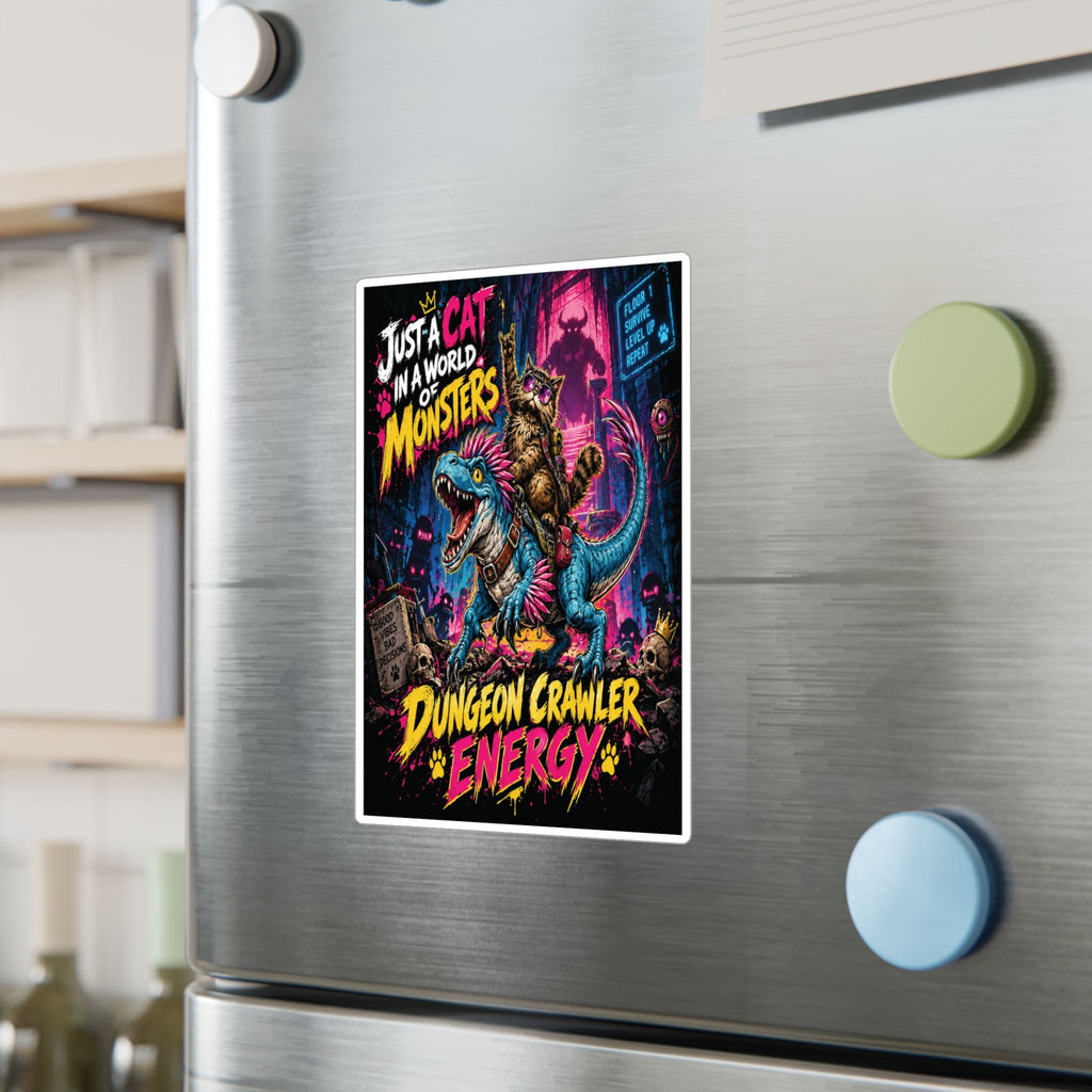 Dungeon Crawler Energy Cat Riding Dinosaur Sticker | Kiss-Cut Vinyl Decal
