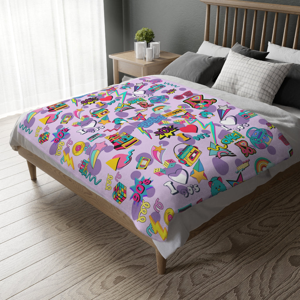 90s Retro Icons blanket Velveteen Microfiber Throw | Pastel Cassette & Lightning Pattern