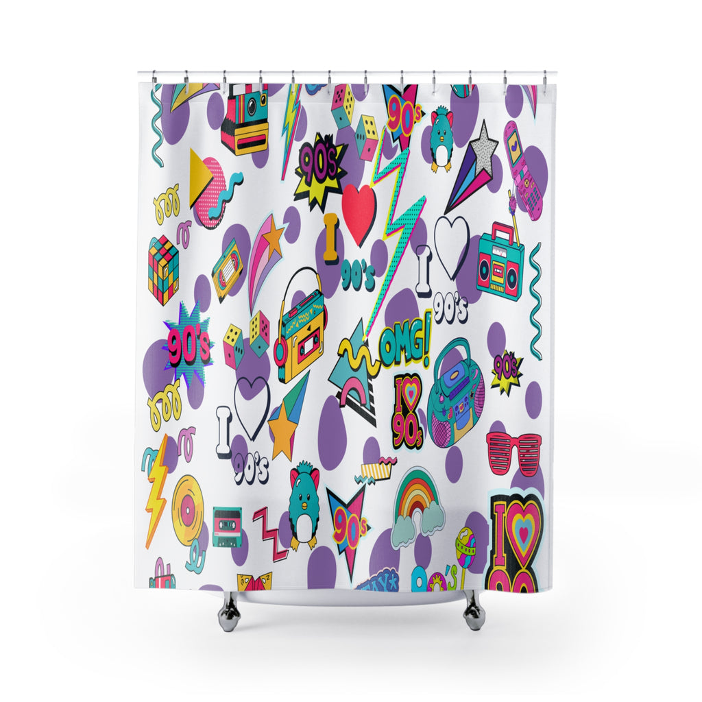 90s Pop Icons Shower Curtain | Retro Cassette, Boombox, Neon Stickers