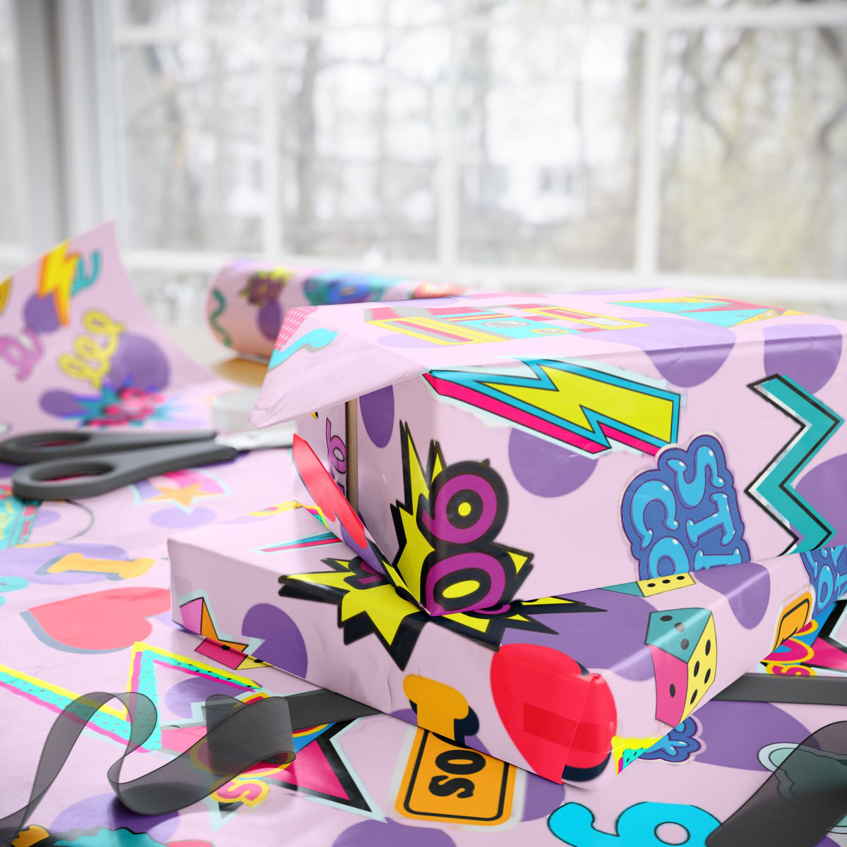 90s Retro Pattern Wrapping Paper | Neon Cassette, Rubik, Sunglasses