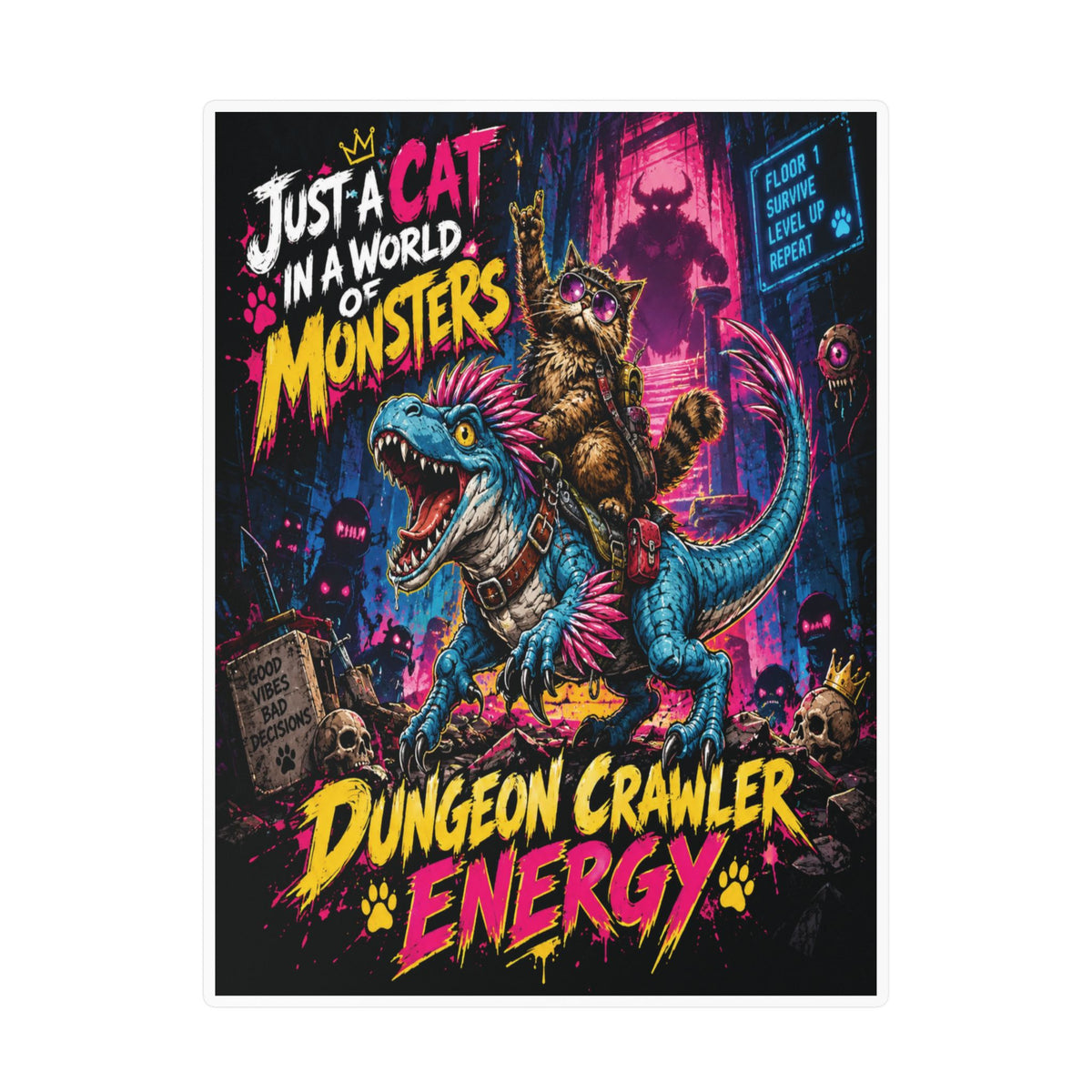 Dungeon Crawler Energy Cat Riding Dinosaur Sticker | Kiss-Cut Vinyl Decal
